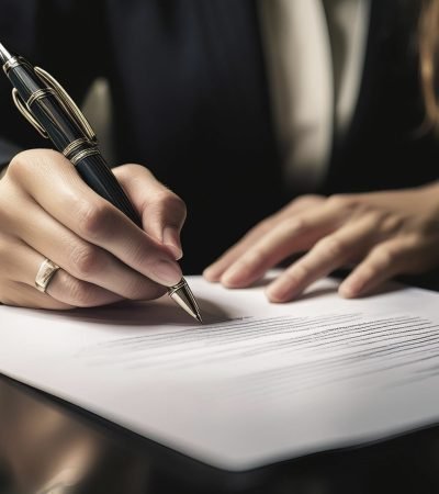 Ilustration of a female lawyer or executive signing a contract, paperwork or application with a pen on a black desk. Low angle view.